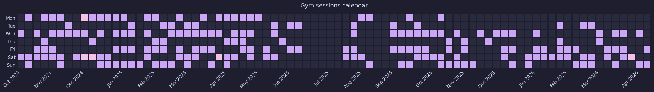 Contribution-style heatmap visualization of gym sessions over time.